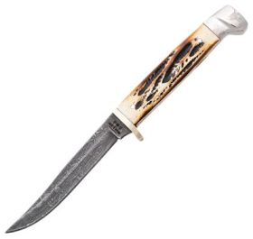 Bear & Son Small Genuine India Stag Bone Damascus Hunter Fixed-Blade Knife