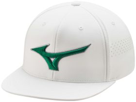 Mizuno Men's Tour Flat Snapback Golf Hat, Spandex/Polyester in White/Green
