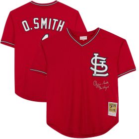 Ozzie Smith St. Louis Cardinals Autographed Red Mitchell & Ness Batting Practice Jersey with "The Wizard" Inscription - Signed in Silver on Front