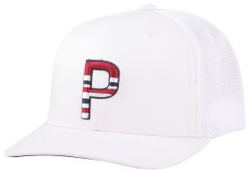 Puma Men's Sundown Trucker P Snapback Golf Hat, Polyester/Elastane in Bright White/Ski Patrol/Navy Blazer