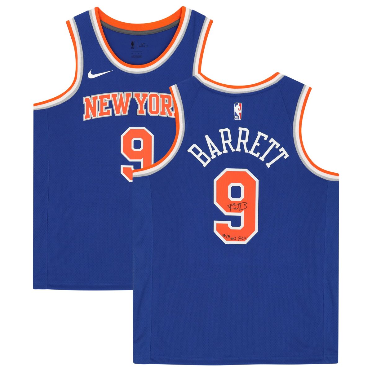 RJ Barrett New York Knicks Autographed Nike 2021-2022 Blue Icon Swingman Jersey with ''2019 #3 PICK'' Inscription