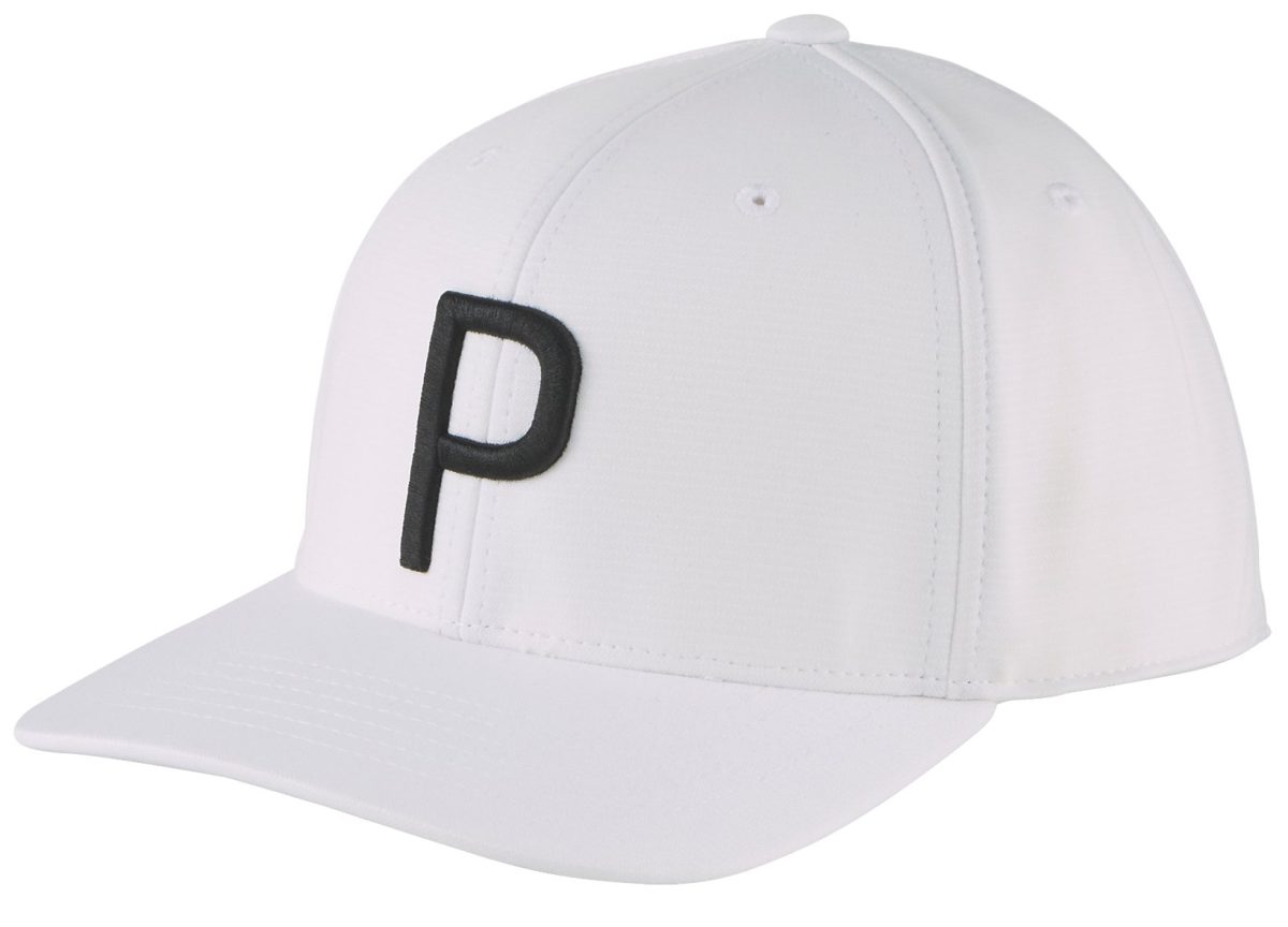 Puma Men's P Snapback Golf Hat, Polyester/Elastane in White Glow/Puma Black