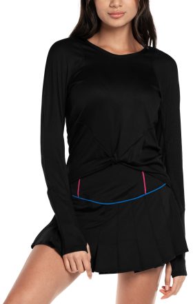 Lucky In Love Women's Wrap It Up Long Sleeve Golf Top, Polyester/Lycra in Black, Size XS