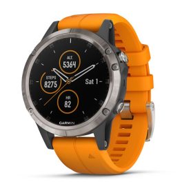 Garmin Fenix 5 Plus Multisport Watch - Sapphire - Titanium with Solar Flare Orange Band