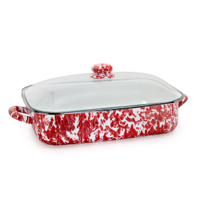 Golden Rabbit Red Swirl Enamelware Collection Roasting Pan with Lid