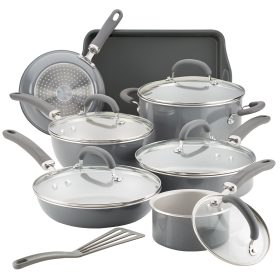Rachael Ray Create Delicious 13 Piece Enameled Aluminum Cookware, Grey Shimmer in Silver