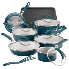 Rachael Ray Create Delicious 13 Piece Enameled Aluminum Cookware, Teal Shimmer in Silver