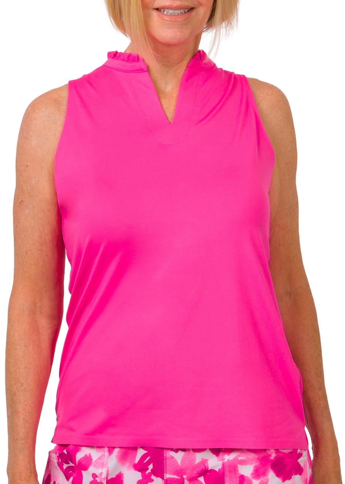 JoFit Women's Cutaway Ruffle Mock Sleeveless Golf Top, Spandex/Polyester in Wild Berry, Size XS