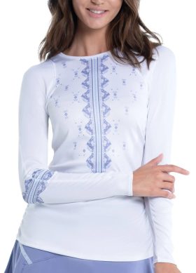 Lucky In Love Women's Ikat Sport Long Sleeve Golf Top, Spandex/Polyester in White, Size M