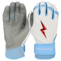 Bruce+Bolt Premium Pro Happ Series Youth Short Cuff Batting Gloves in White/Blue Size Medium