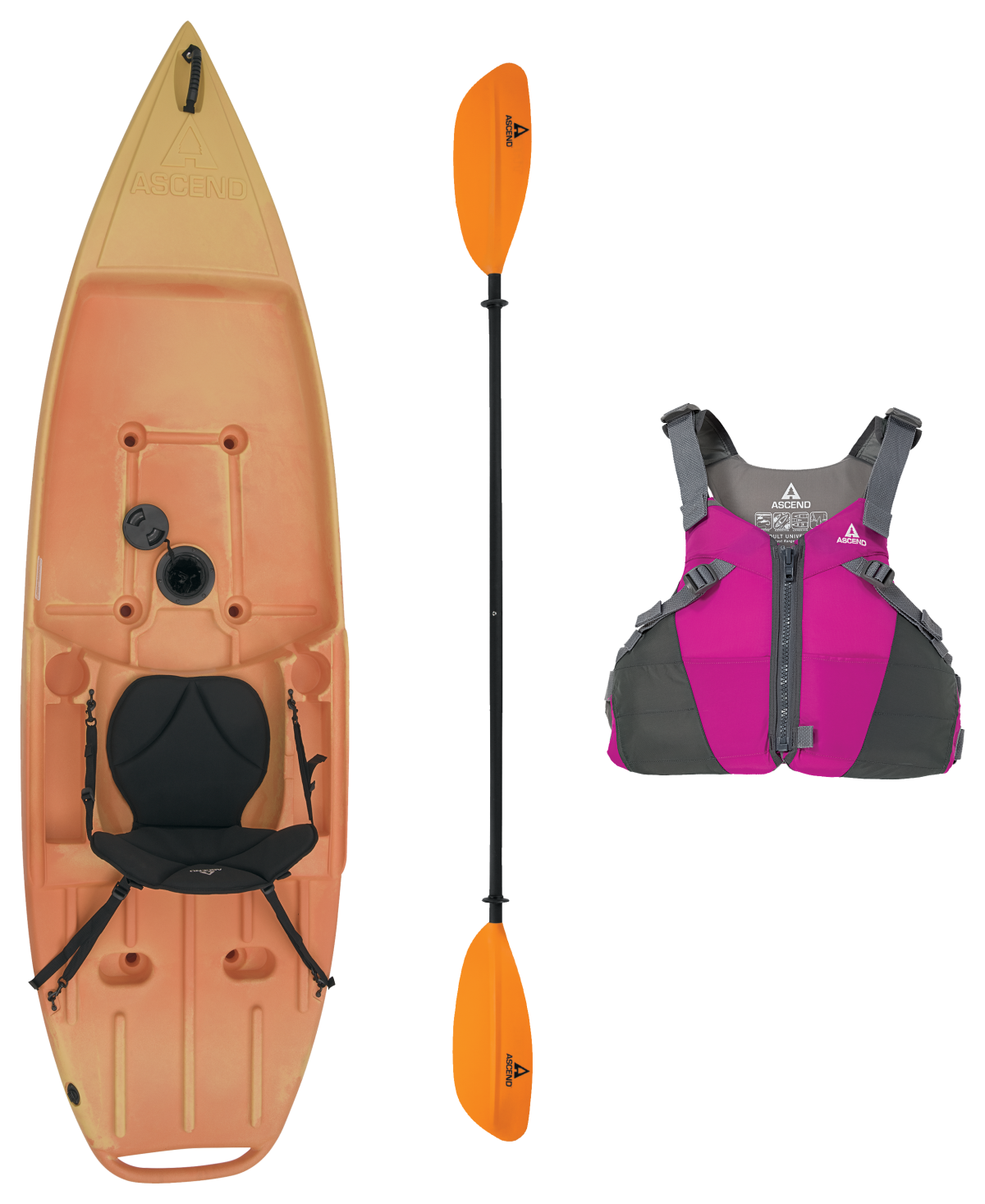 Ascend 9R Sport Yellow/Orange Sit-On-Top Kayak, Paddle, and Life Jacket Combo