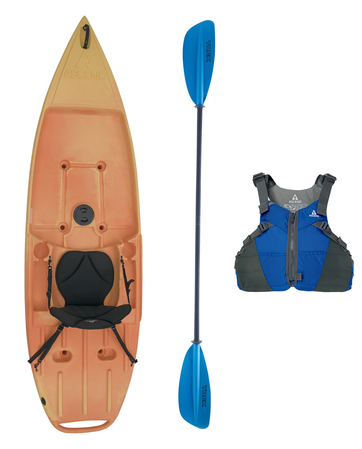 Ascend 9R Sport Yellow/Orange Sit-On-Top Kayak, Paddle, and Life Jacket Package