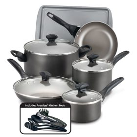 Farberware 15-Piece Dishwasher Safe Nonstick Cookware Set, Pewter