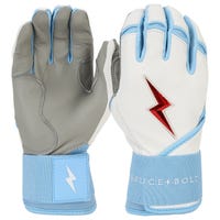 Bruce+Bolt Premium Pro Happ Series Youth Long Cuff Batting Gloves in White/Blue Size Large