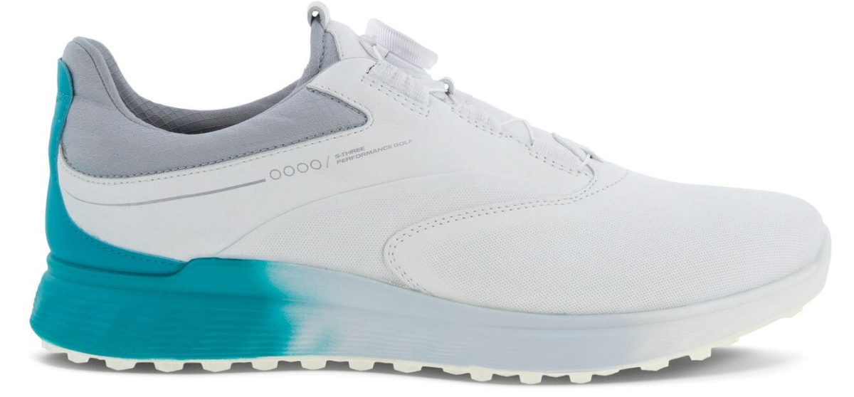 Ecco Men's S-Three Boa Golf Shoes 2023 in White/Caribbean/Concrete, Size 41 (US 7-7.5)