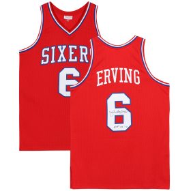 Julius Erving Philadelphia 76ers Autographed Red Mitchell & Ness 1982-83 Hardwood Classics Swingman Jersey with "HOF 93" Inscription