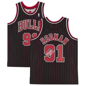 Dennis Rodman Chicago Bulls Autographed Black and Red Pinstripe Mitchell & Ness Replica Jersey