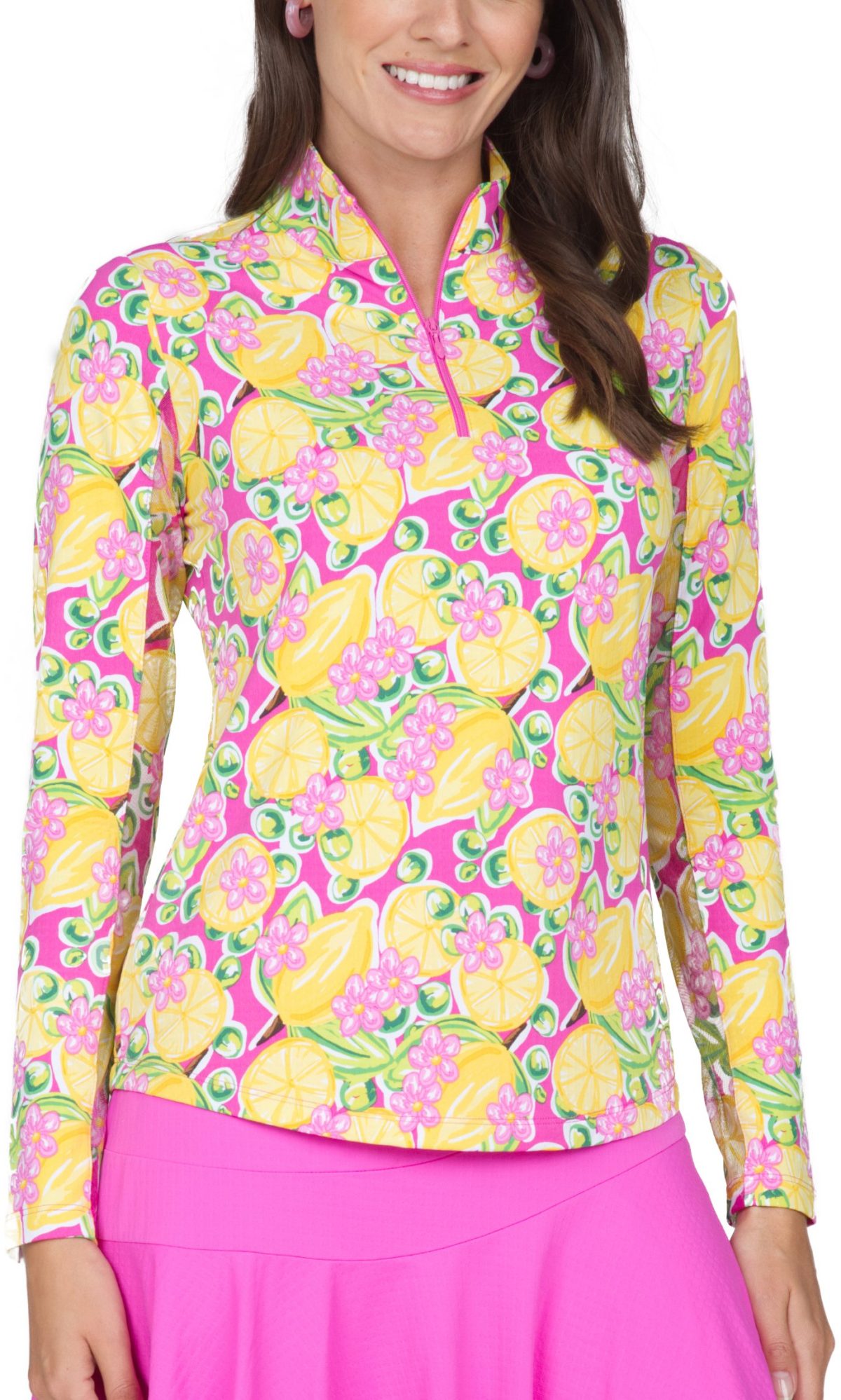IBKUL Women's Calista Print Long Sleeve Mock Neck Golf Top, Nylon in Hot Pink/Multi, Size S