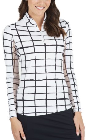 IBKUL Women's Cordova Print Long Sleeve Mock Neck Golf Top, Nylon in White/Black, Size L