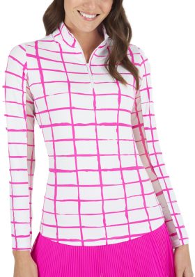 IBKUL Women's Cordova Print Long Sleeve Mock Neck Golf Top, Nylon in White/Hot Pink, Size S