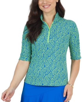 IBKUL Women's Sally Print Ruched Elbow Length Sleeve Golf Top in Blue/Lime, Size S