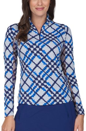 IBKUL Women's Sonika Print Long Sleeve Zip Mock Neck Golf Top, Nylon in Mako Blue/Navy, Size XS