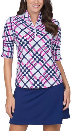 IBKUL Women's Sonkia Print Ruched Elbow Length Sleeve Golf Top in Hot Pink/Navy, Size S