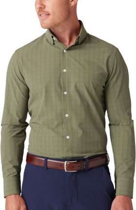 Mizzen+Main Men's Leeward Long Sleeve Button Down Golf Shirt, Spandex/Polyester in Dark Green, Size X-Large Tim Fit
