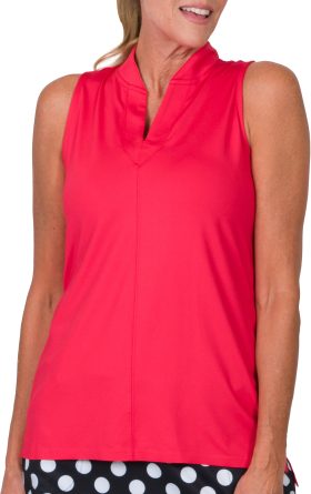 JoFit Women's Sleeveless Cutaway Placket Mock Neck Golf Top, Spandex/Polyester in Lipstick, Size S