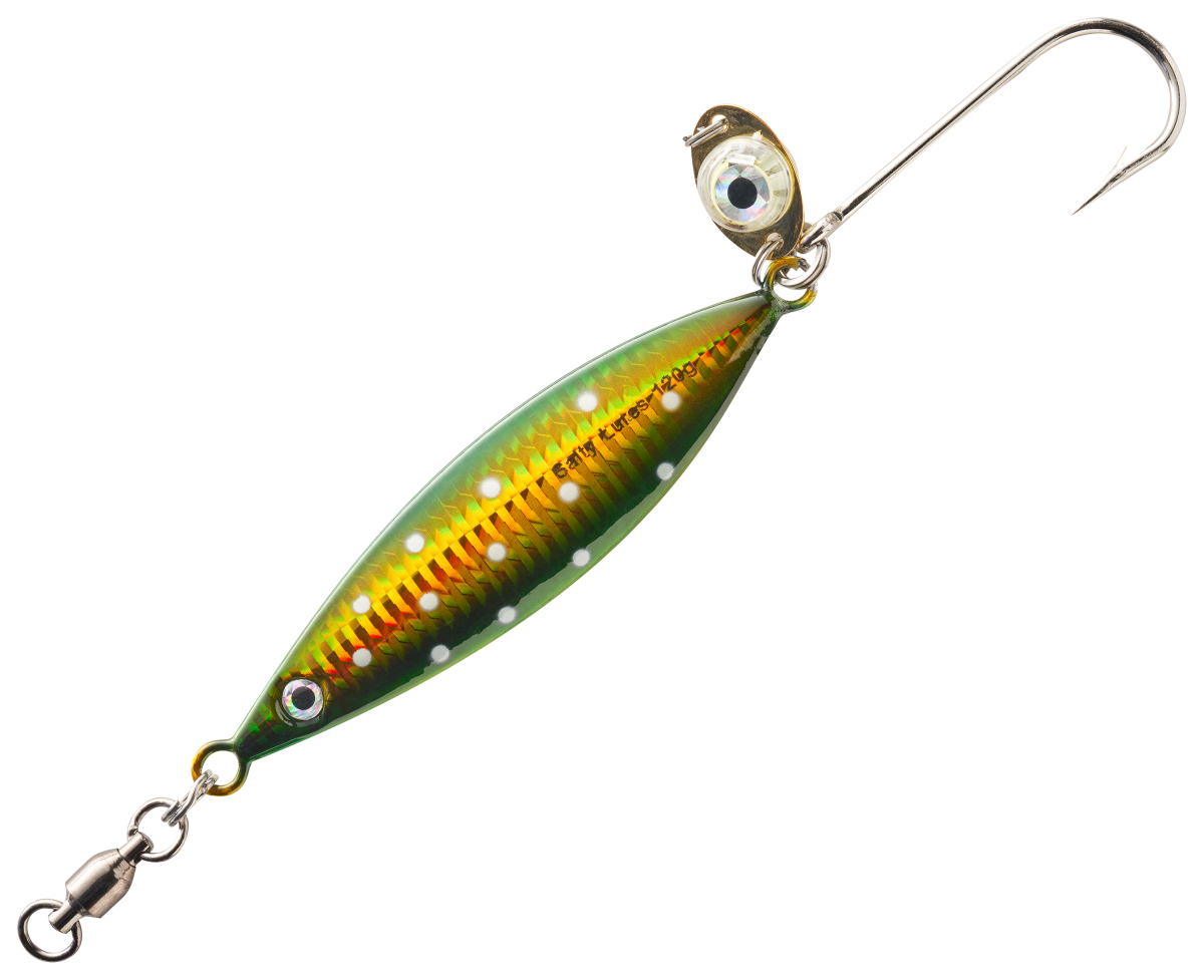 Salty Lures Jigging Spoon with Auto LED Light - Green-Lumin - 5" - 5 oz.