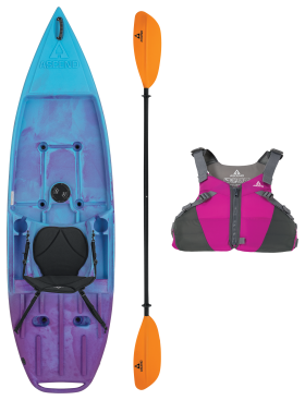 Ascend 9R Sport Purple/Blue Sit-On-Top Kayak, Paddle, and Life Jacket Package