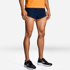 Brooks Sherpa 3" Split Shorts Men's Running Apparel Navy Geo Emboss/Fluoro Orange