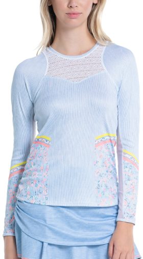 Lucky In Love Women's Chambray Blossom Long Sleeve Golf Top, Polyester/Lycra in Light Denim, Size S