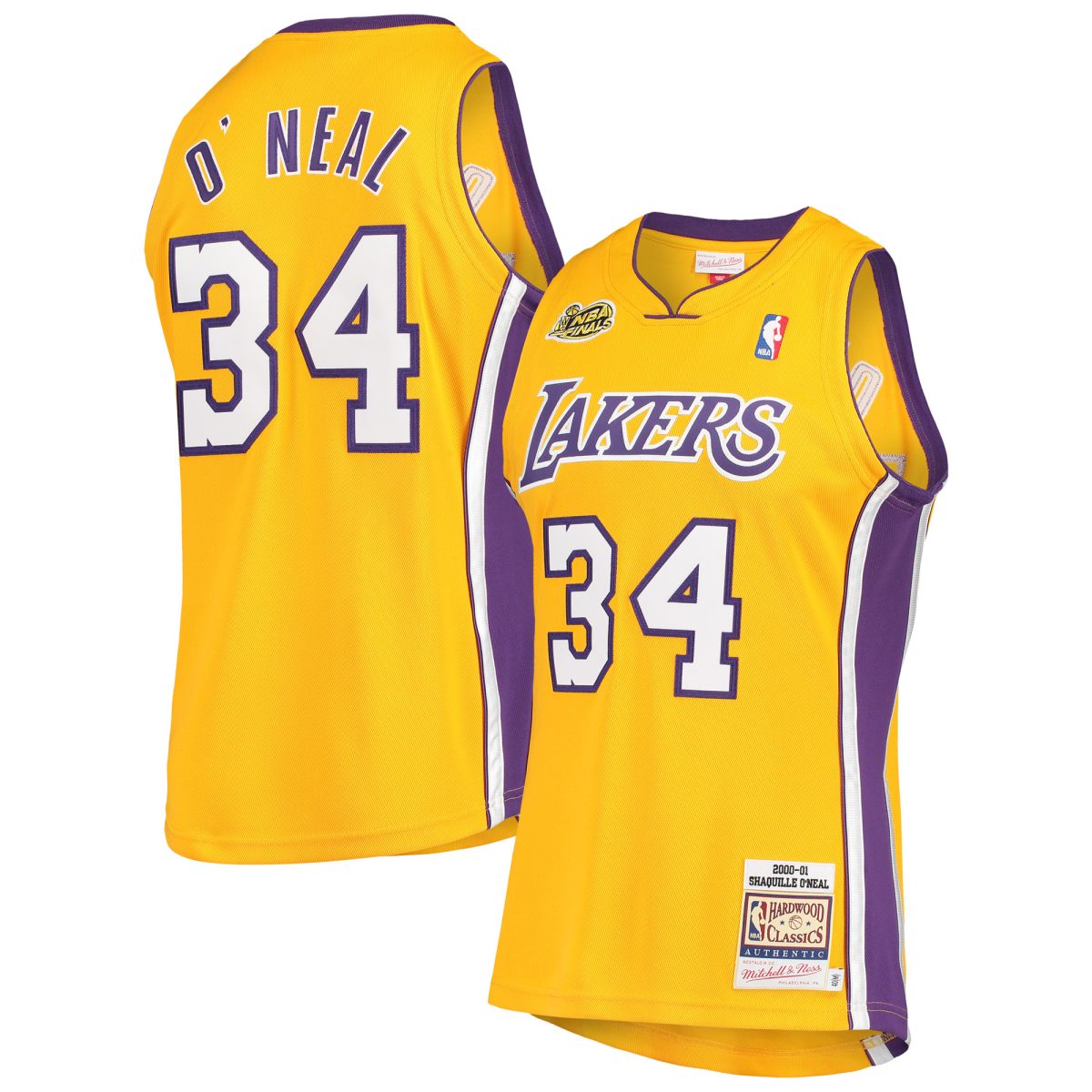 Men's Mitchell & Ness Shaquille O'Neal Gold Los Angeles Lakers 2000 NBA Finals Hardwood Classics Authentic Jersey