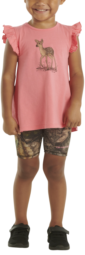 Carhartt Deer Short-Sleeve Shirt and Camo Biker Shorts Set for Toddlers - Mossy Oak Country DNA/Pink - 3T