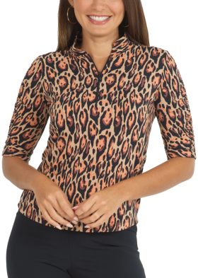 IBKUL Womens Gemma Print Ruched Elbow Length Sleeve Golf Top - Brown, Size: Small