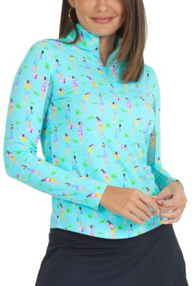 IBKUL Womens Girls Golf Print Long Sleeve Mock Neck Golf Top - Blue, Size: Small