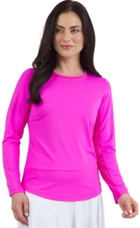 IBKUL Womens Long Sleeve Crew Neck Golf Top with Mesh - Pink, Size: X-Large