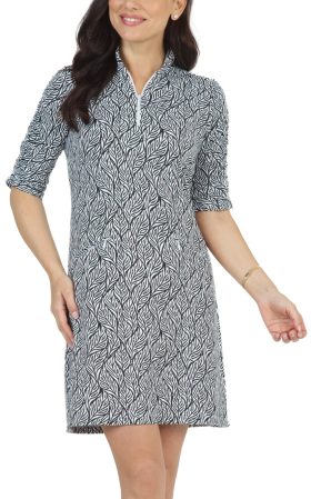 IBKUL Womens Sally Print Ruched Elbow Length Sleeve Golf Dress - White, Size: Small