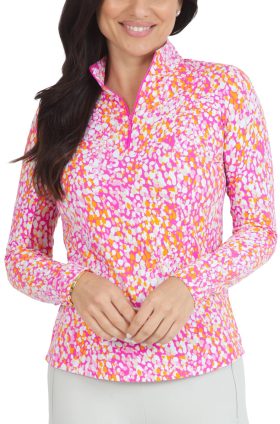IBKUL Womens Naomi Print Long Sleeve Mock Neck Golf Top - Pink, Size: Medium