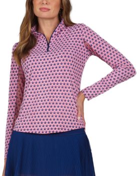 IBKUL Womens Stars & Stripes Print Long Sleeve Mock Neck Golf Top - Blue, Size: X-Small
