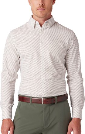 Mizzen+Main Leeward Long Sleeve Button Down Men's Golf Shirt - White Pong Print - White, Size: X-Large Standard Fit