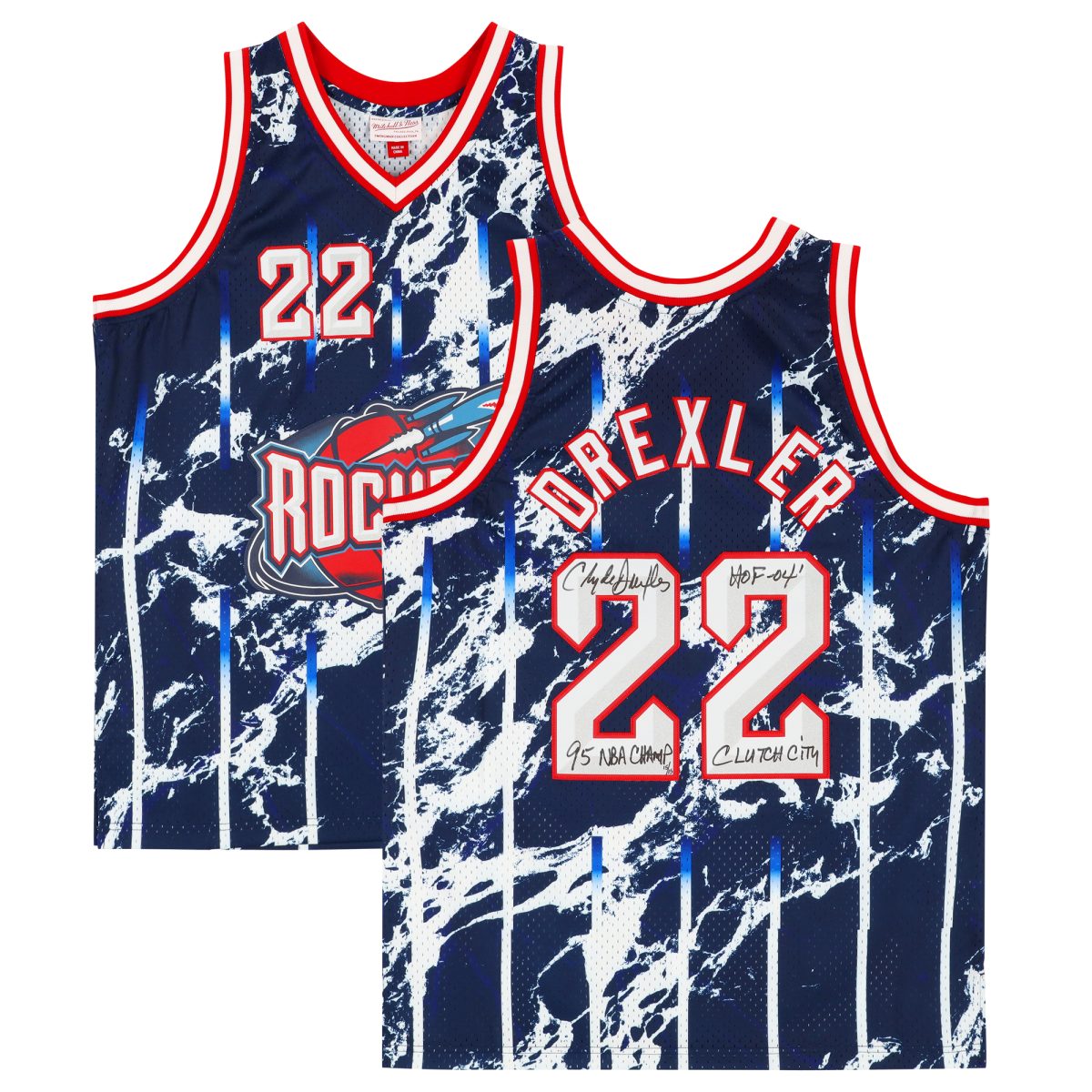 Clyde Drexler Houston Rockets Autographed Navy Marble Mitchell & Ness 1996-1997 Swingman Jersey with Multiple Inscriptions - Limited Edition #15/15