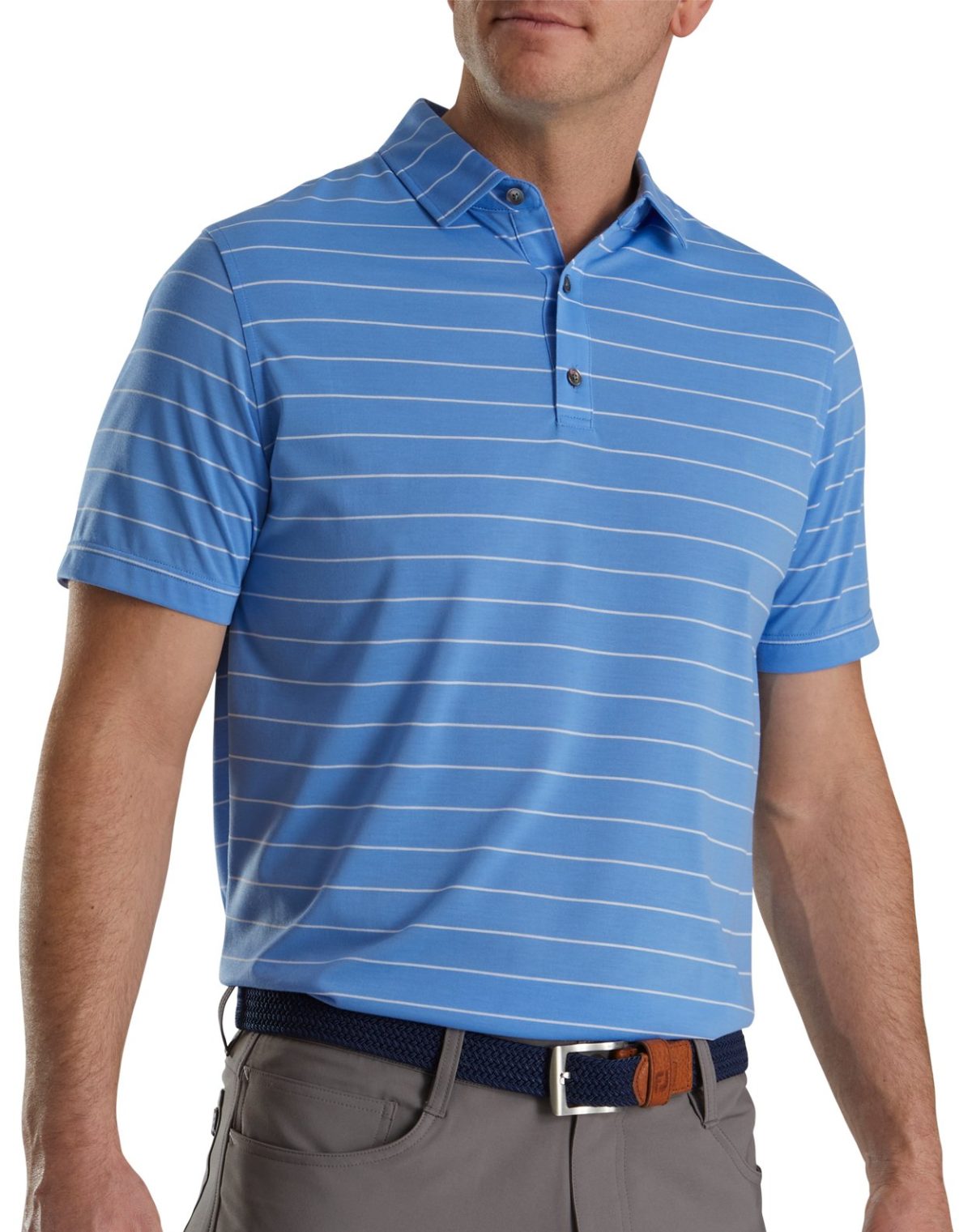 FootJoy Athletic Fit Open Stripe Jersey Self Collar Men's Golf Polo - Lagoon/White - Blue, Size: Small