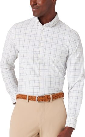 Mizzen+Main Leeward Long Sleeve Button Down Men's Golf Shirt - White Larkin Plaid - White, Size: Small Trim Fit