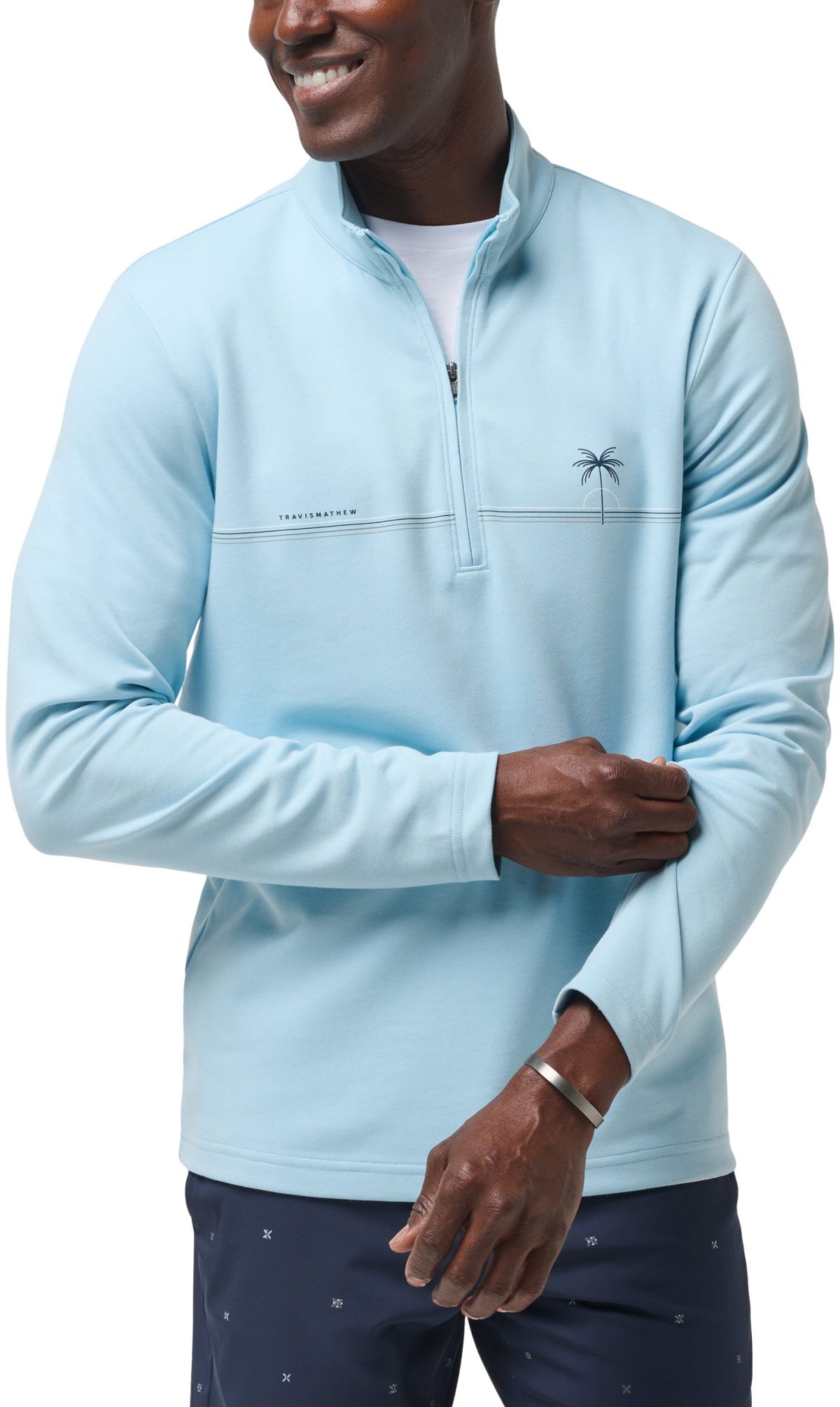 TravisMathew Upgraded Chest Stripe Quarter Zip Men's Golf Pullover - Blue, Size: Small