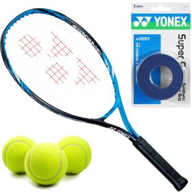 Yonex EZONE Bright Blue Jr Racquet + 3 Blue Overgrips + 3 Tennis Balls