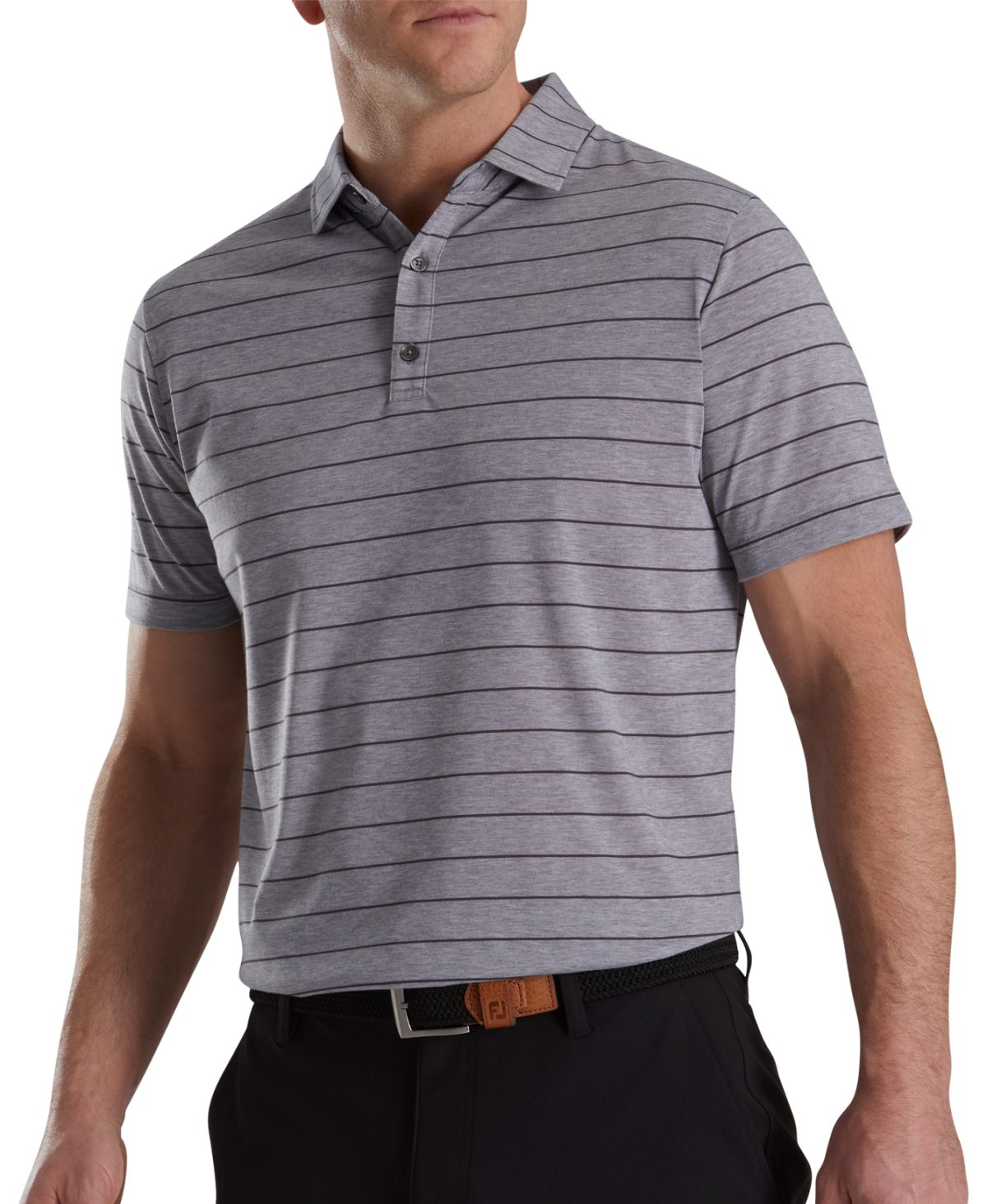 FootJoy Athletic Fit Open Stripe Jersey Self Collar Men's Golf Polo - Heather Grey/Charcoal - Grey, Size: Medium