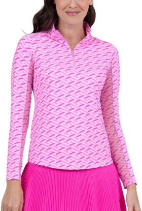 IBKUL Womens Fatima Print Long Sleeve Mock Neck Golf Top - Pink, Size: X-Small