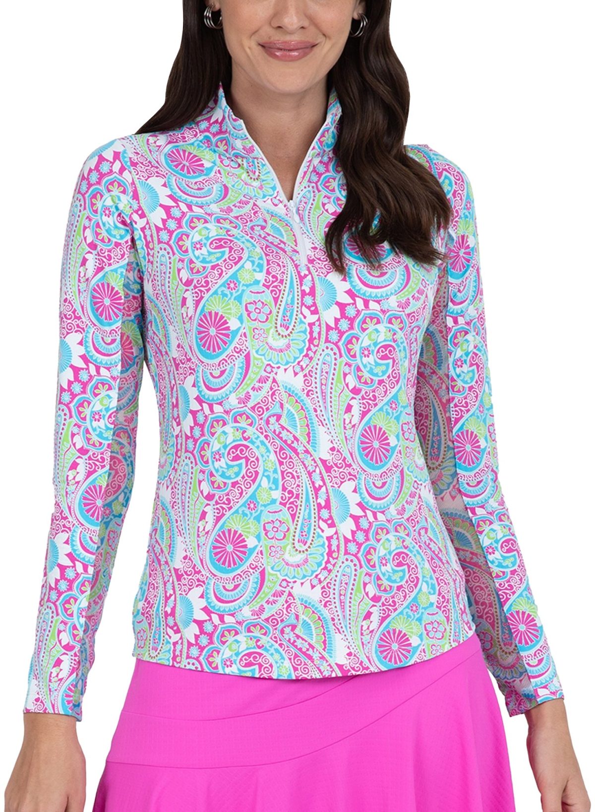 IBKUL Womens Gloria Print Long Sleeve Mock Neck Golf Top - Multicolor, Size: Small